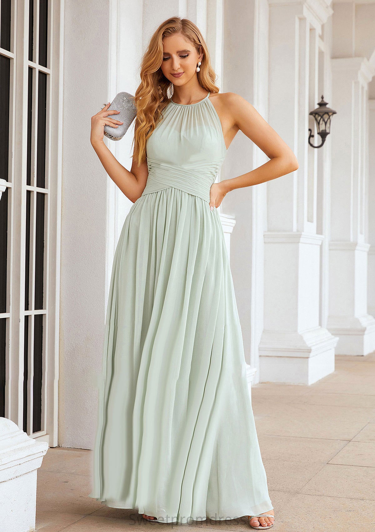 A-line Halter Sleeveless Long/Floor-Length Chiffon Bridesmaid Dresses With Pleated Kaliyah DHP0025325