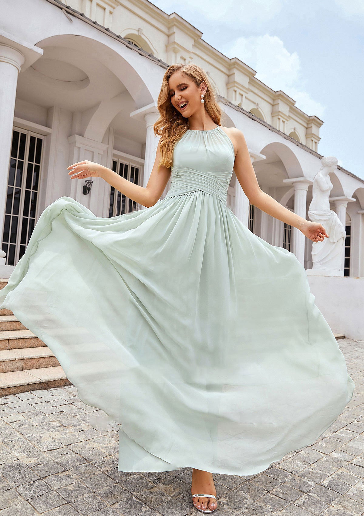 A-line Halter Sleeveless Long/Floor-Length Chiffon Bridesmaid Dresses With Pleated Kaliyah DHP0025325