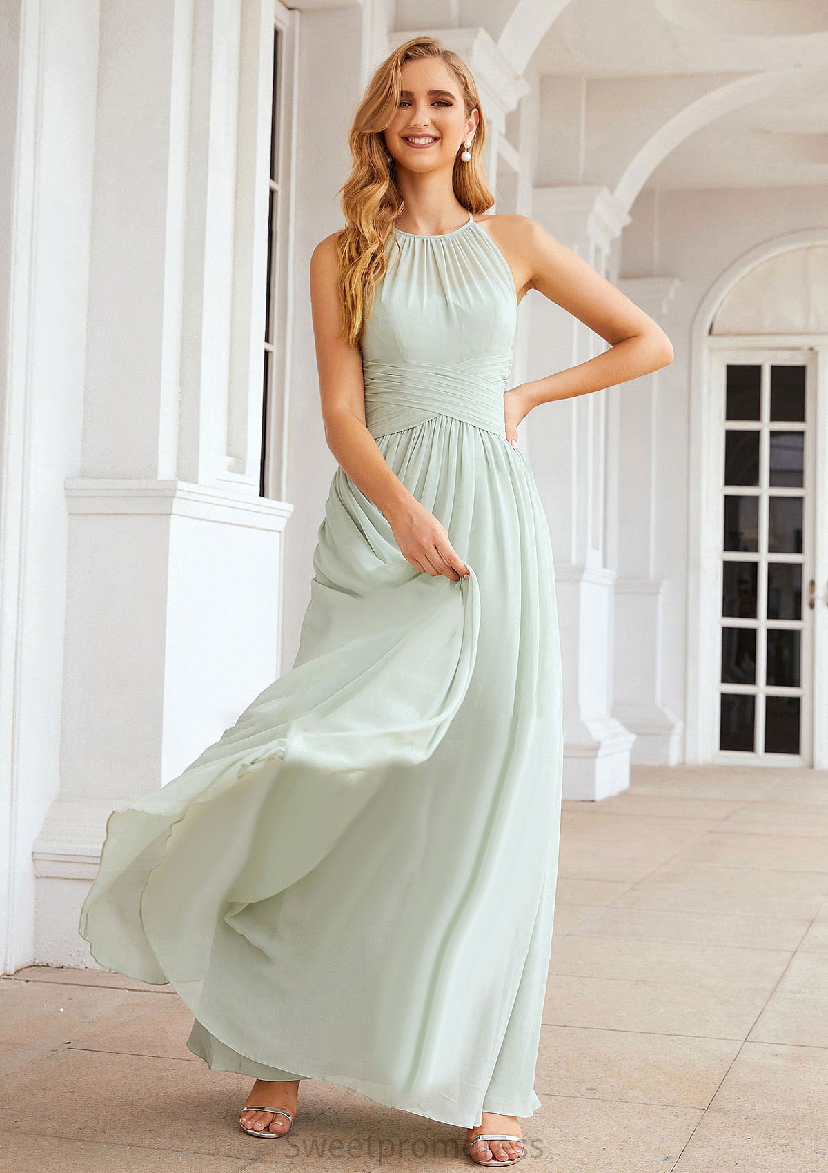 A-line Halter Sleeveless Long/Floor-Length Chiffon Bridesmaid Dresses With Pleated Kaliyah DHP0025325