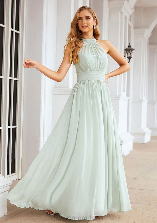 A-line High-Neck Sleeveless Long/Floor-Length Chiffon Bridesmaid Dresses With Pleated Rachael DHP0025326