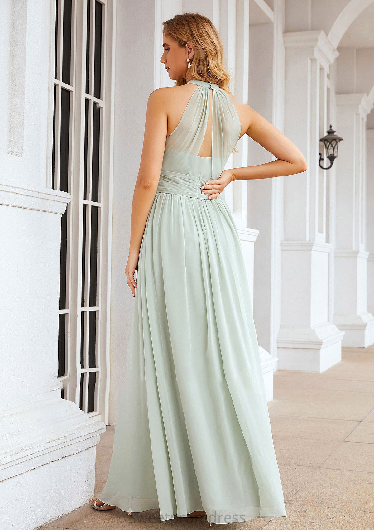 A-line High-Neck Sleeveless Long/Floor-Length Chiffon Bridesmaid Dresses With Pleated Rachael DHP0025326