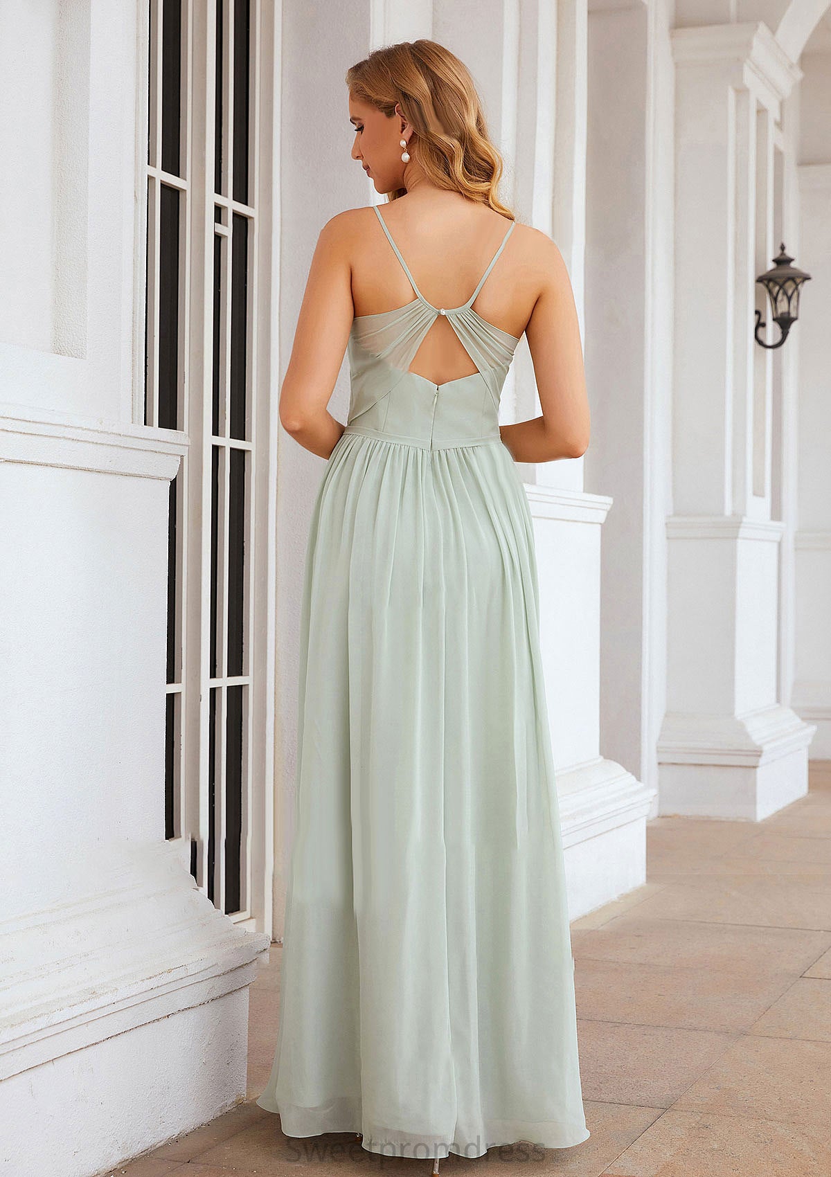 A-line V Neck Sleeveless Long/Floor-Length Chiffon Bridesmaid Dresses With Pleated Split Alondra DHP0025327