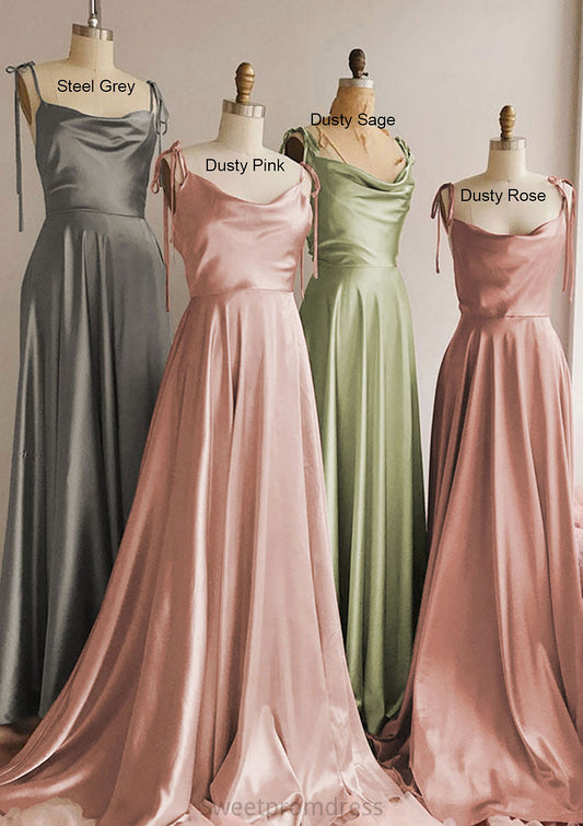 A-line Cowl Neck Spaghetti Straps Long/Floor-Length Charmeuse Bridesmaid Dresses With Split Dayanara DHP0025330