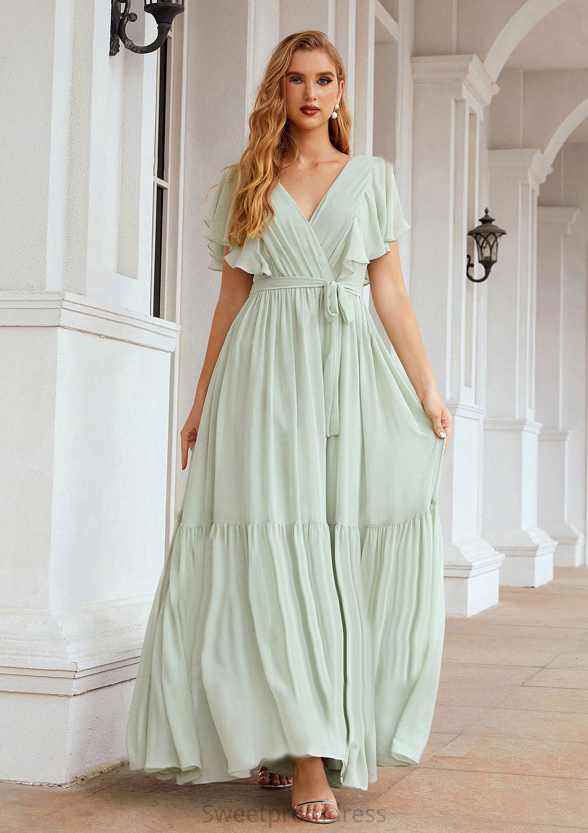 A-line V Neck Short Sleeve Chiffon Long/Floor-Length Bridesmaid Dresses With Pleated Myah DHP0025331