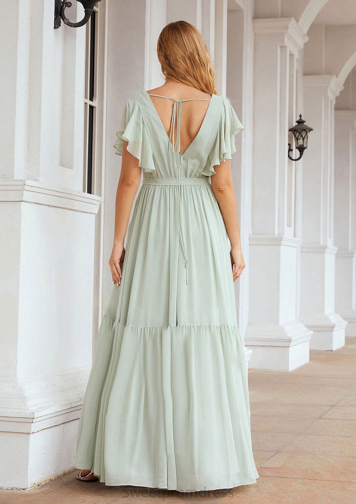 A-line V Neck Short Sleeve Chiffon Long/Floor-Length Bridesmaid Dresses With Pleated Myah DHP0025331