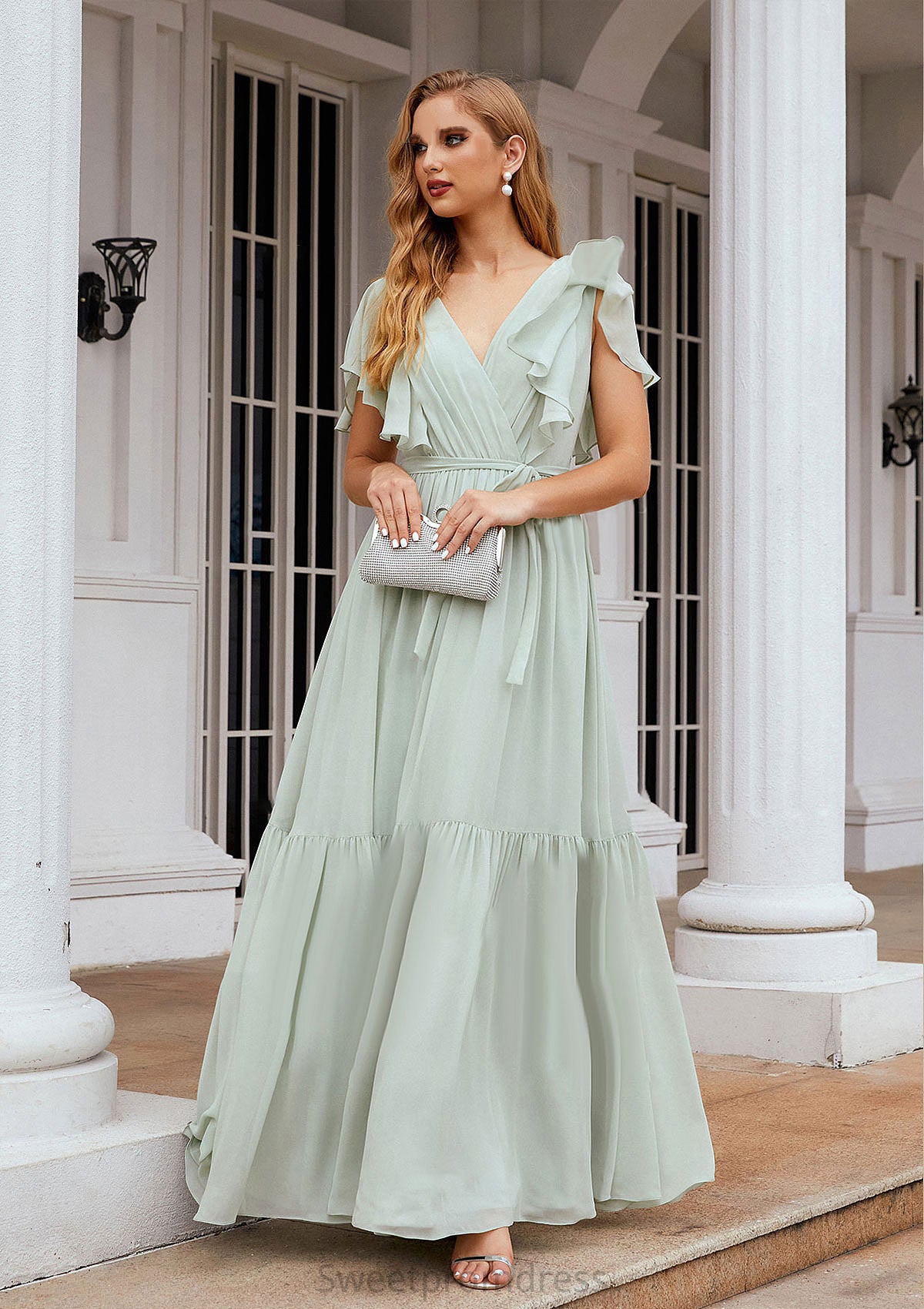 A-line V Neck Short Sleeve Chiffon Long/Floor-Length Bridesmaid Dresses With Pleated Myah DHP0025331