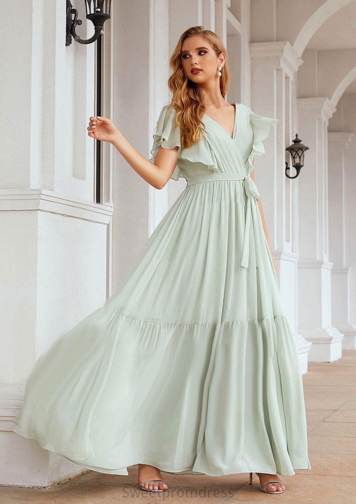 A-line V Neck Short Sleeve Chiffon Long/Floor-Length Bridesmaid Dresses With Pleated Myah DHP0025331