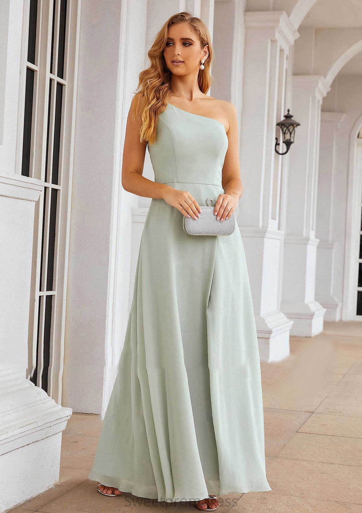 A-line One-Shoulder Sleeveless Long/Floor-Length Chiffon Bridesmaid Dresses With Split Mallory DHP0025333