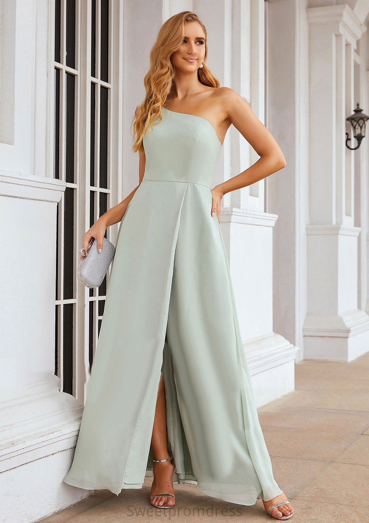 A-line One-Shoulder Sleeveless Long/Floor-Length Chiffon Bridesmaid Dresses With Split Mallory DHP0025333