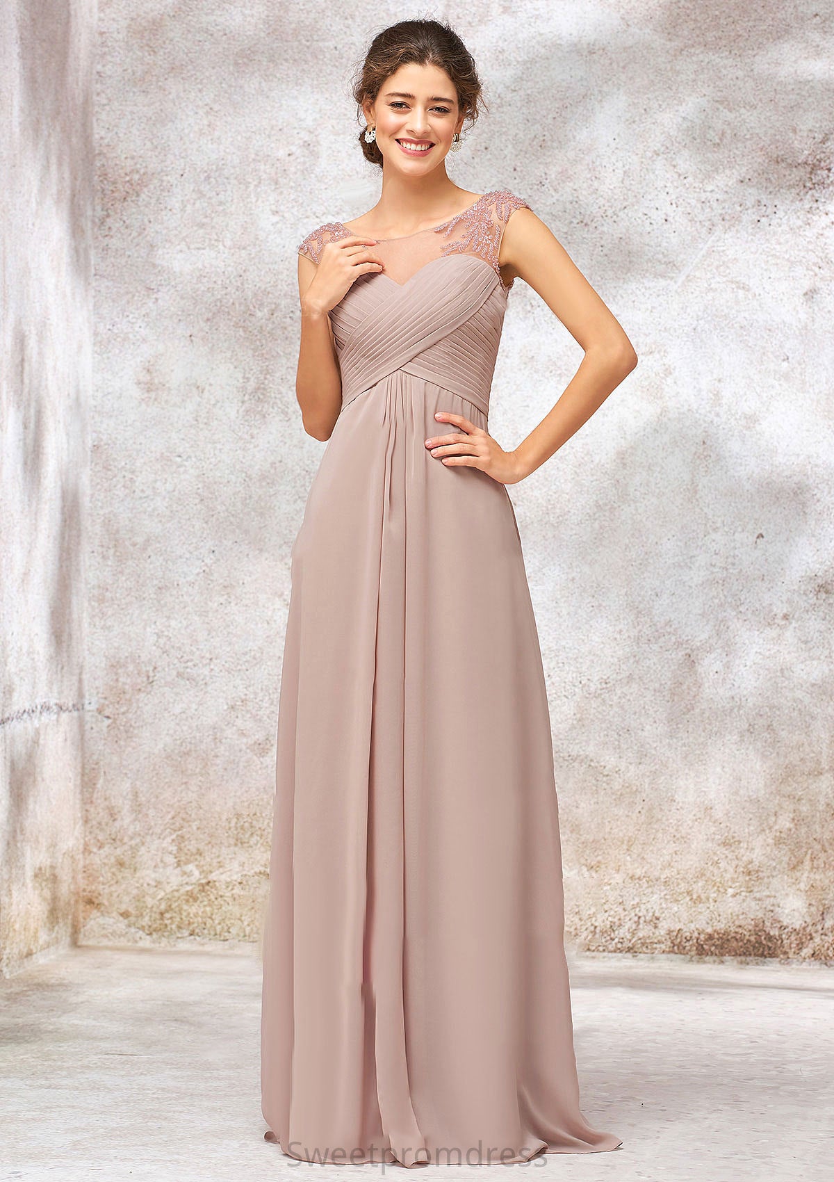 Illusion Neck Long/Floor-Length Chiffon A-line/Princess Bridesmaid Dresses  With Sequins Pleated Beading Heidy DHP0025334