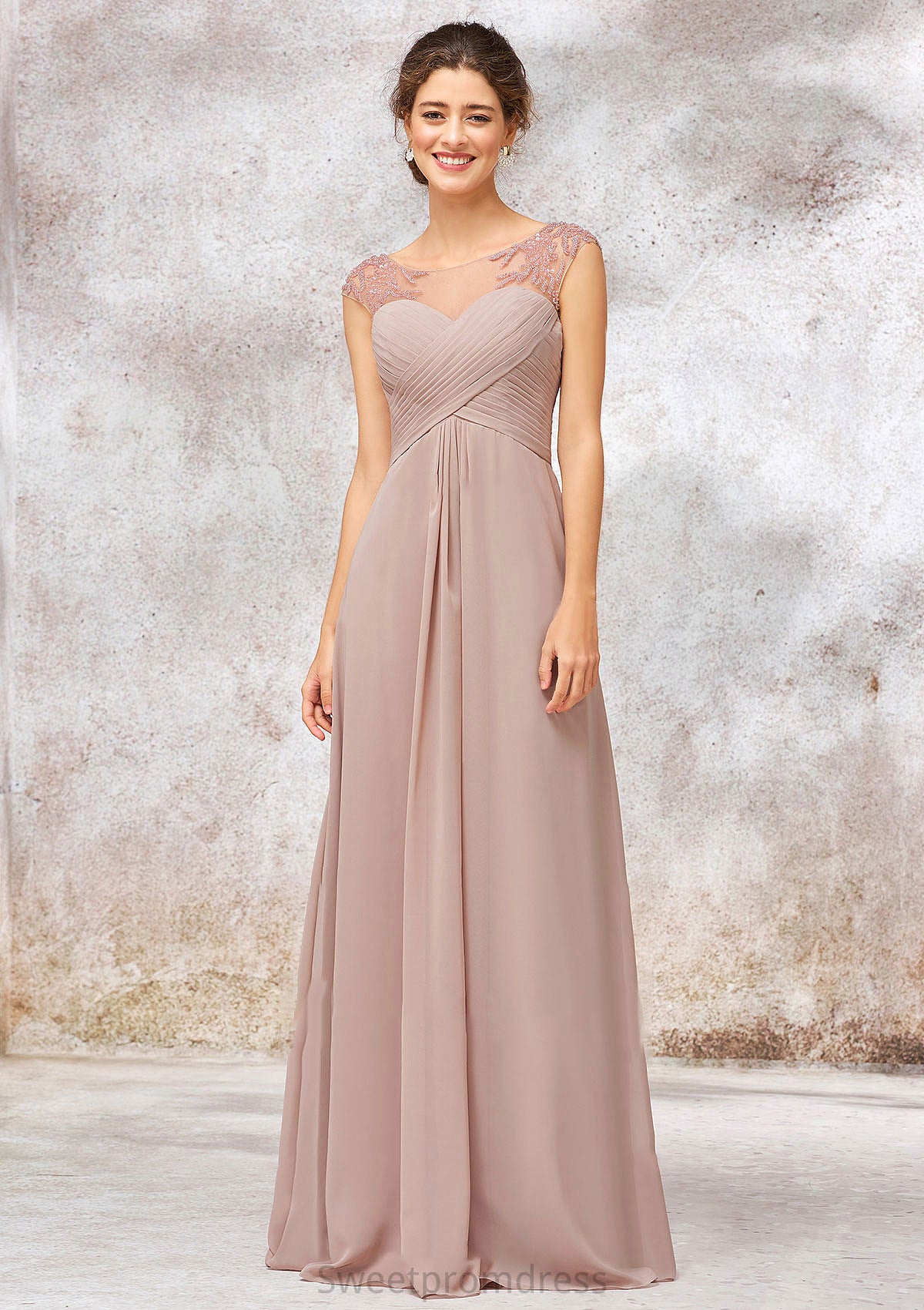 Illusion Neck Long/Floor-Length Chiffon A-line/Princess Bridesmaid Dresses  With Sequins Pleated Beading Heidy DHP0025334