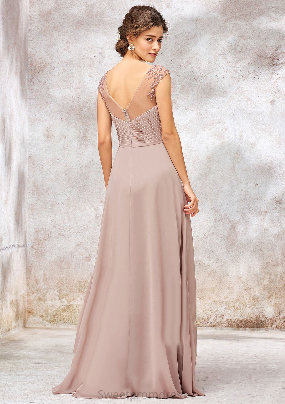 Illusion Neck Long/Floor-Length Chiffon A-line/Princess Bridesmaid Dresses  With Sequins Pleated Beading Heidy DHP0025334