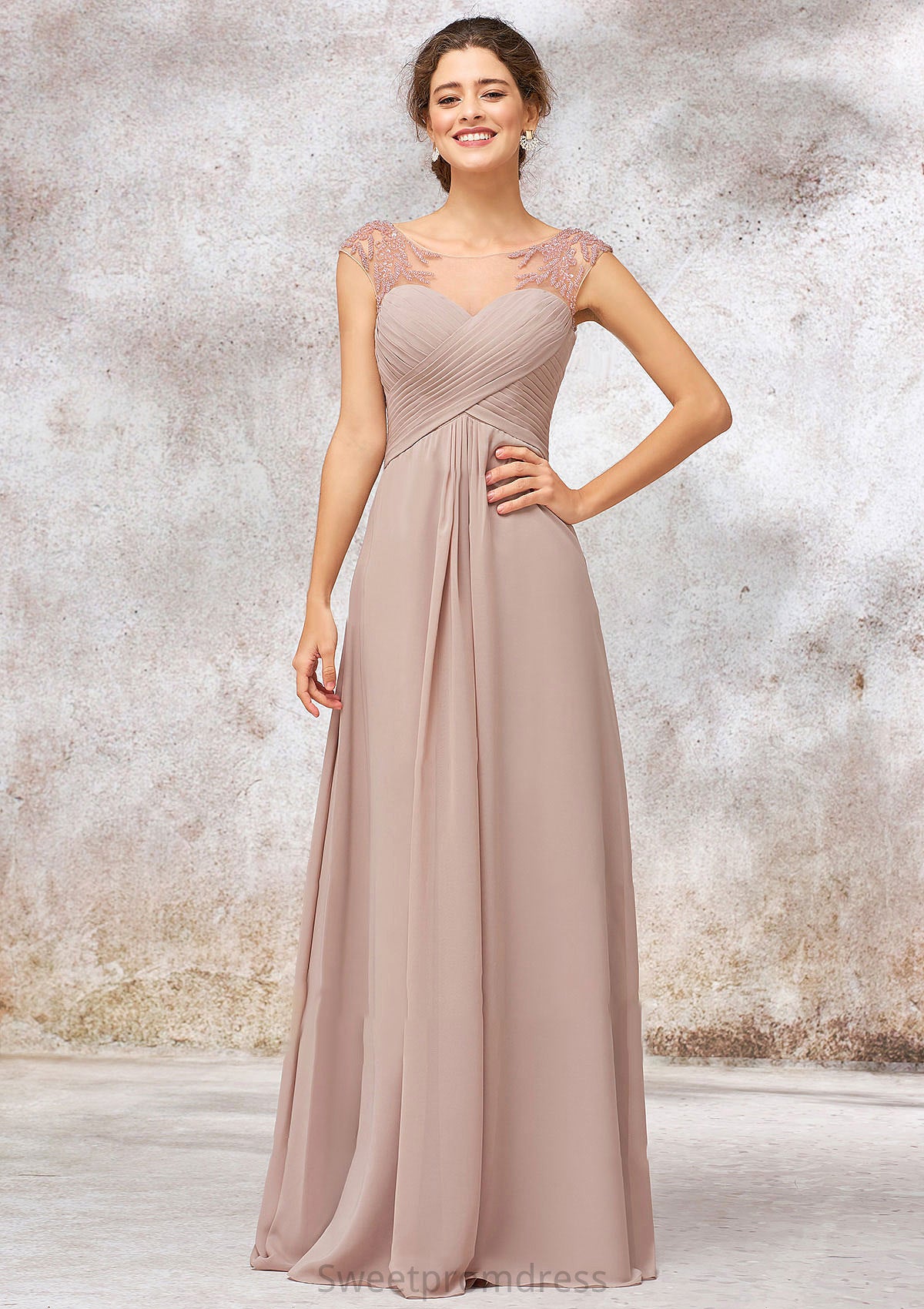 Illusion Neck Long/Floor-Length Chiffon A-line/Princess Bridesmaid Dresses  With Sequins Pleated Beading Heidy DHP0025334