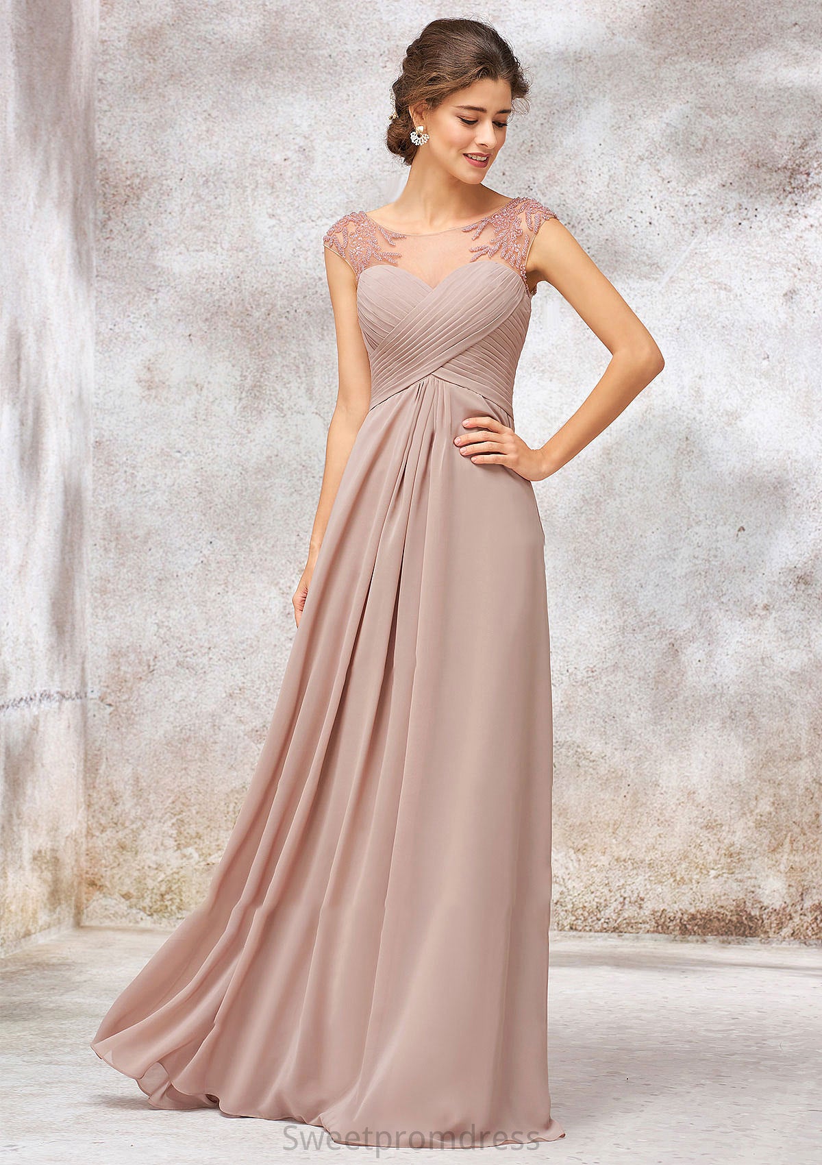 Illusion Neck Long/Floor-Length Chiffon A-line/Princess Bridesmaid Dresses  With Sequins Pleated Beading Heidy DHP0025334