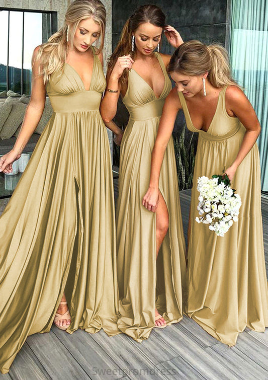 A-Line/Princess V-Neck Sweep Train Jersey Bridesmaid Dresses With Split Front Pleated Waistband Danna DHP0025336