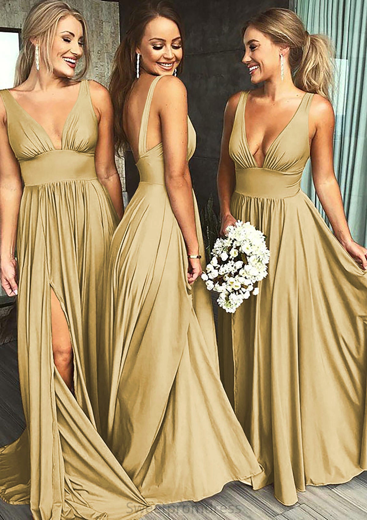 A-Line/Princess V-Neck Sweep Train Jersey Bridesmaid Dresses With Split Front Pleated Waistband Danna DHP0025336