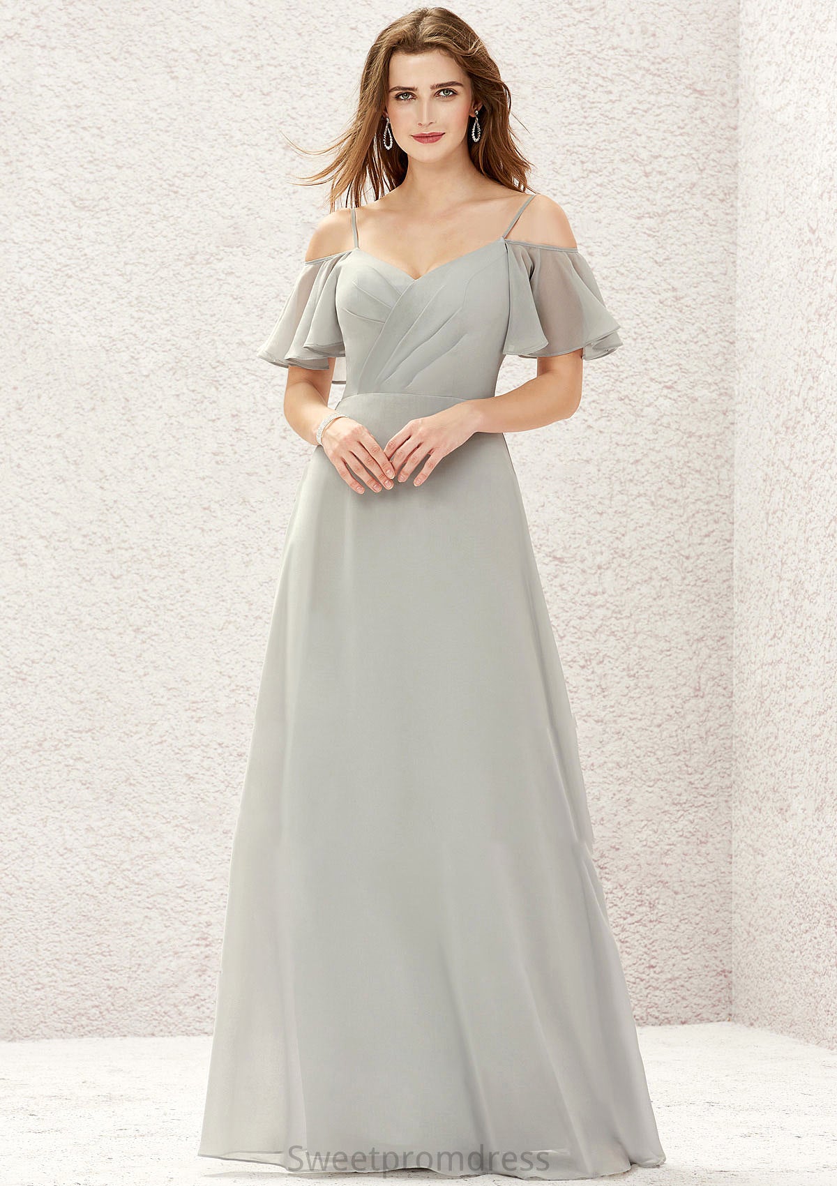 A-line Sweetheart Short Sleeve Long/Floor-Length Chiffon Bridesmaid Dresses With Pleated Joan DHP0025338