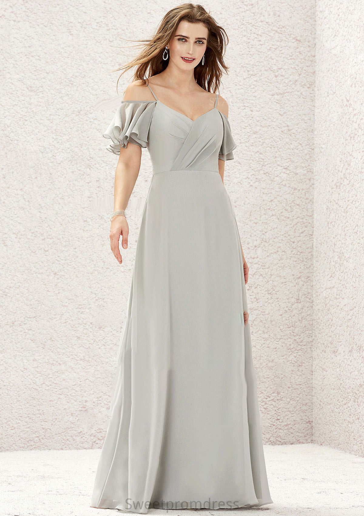 A-line Sweetheart Short Sleeve Long/Floor-Length Chiffon Bridesmaid Dresses With Pleated Joan DHP0025338