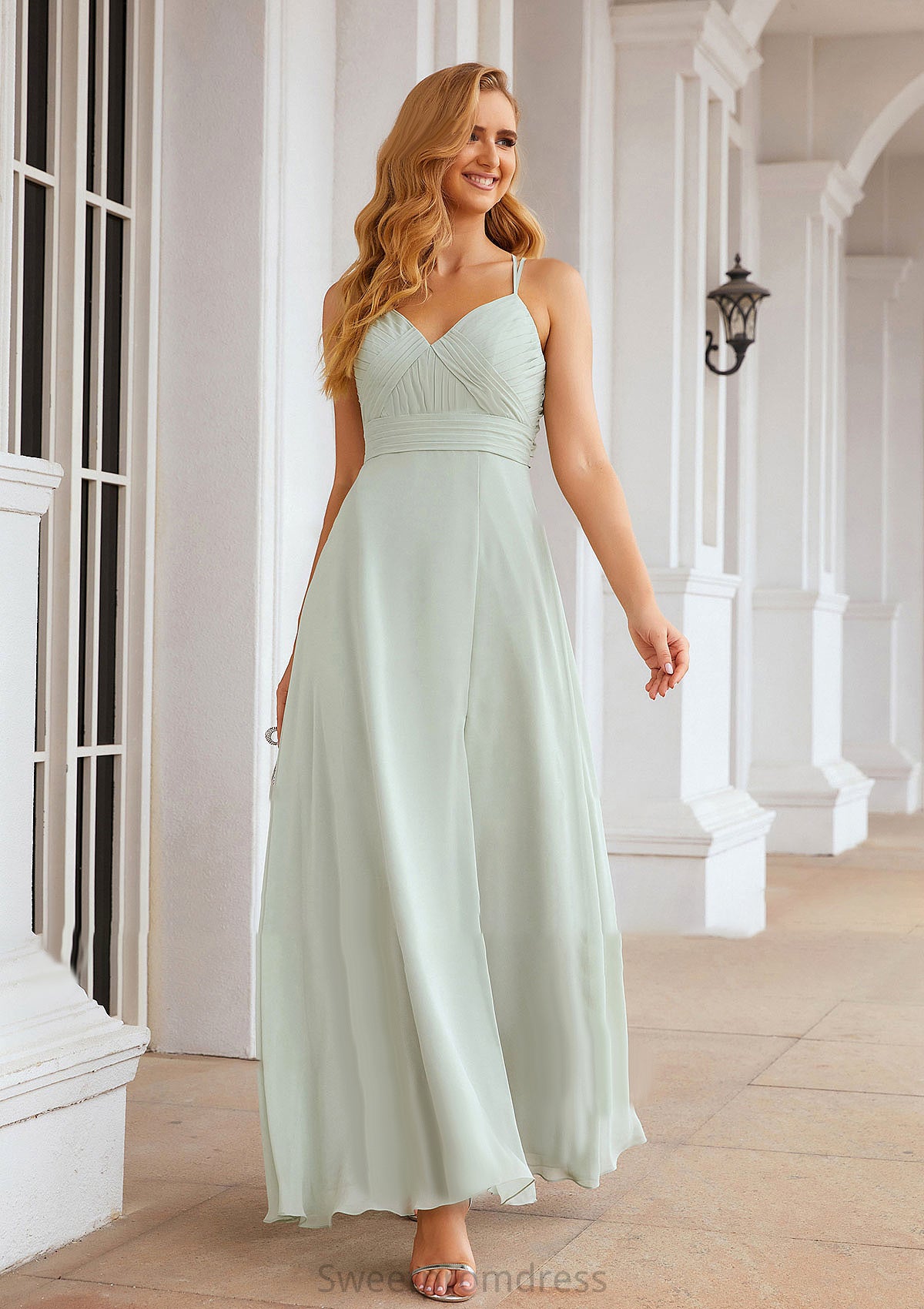 A-line Sweetheart Sleeveless Long/Floor-Length Chiffon Bridesmaid Dresses With Pleated Split.co.uk Briana DHP0025339