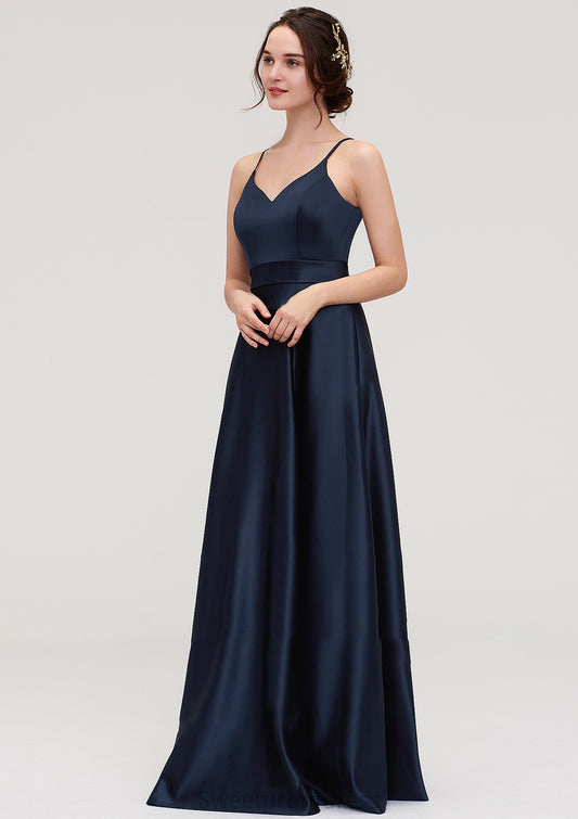 V Neck Sleeveless Long/Floor-Length Satin A-line/Princess Bridesmaid Dresseses Hortensia DHP0025345