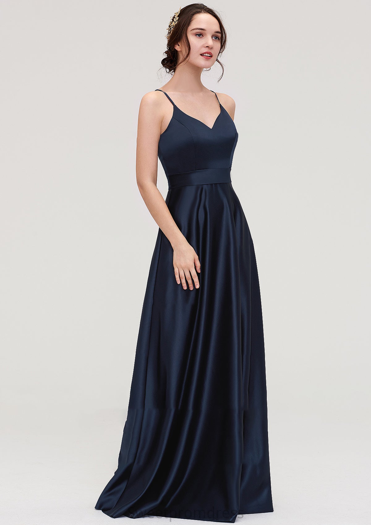 V Neck Sleeveless Long/Floor-Length Satin A-line/Princess Bridesmaid Dresseses Hortensia DHP0025345