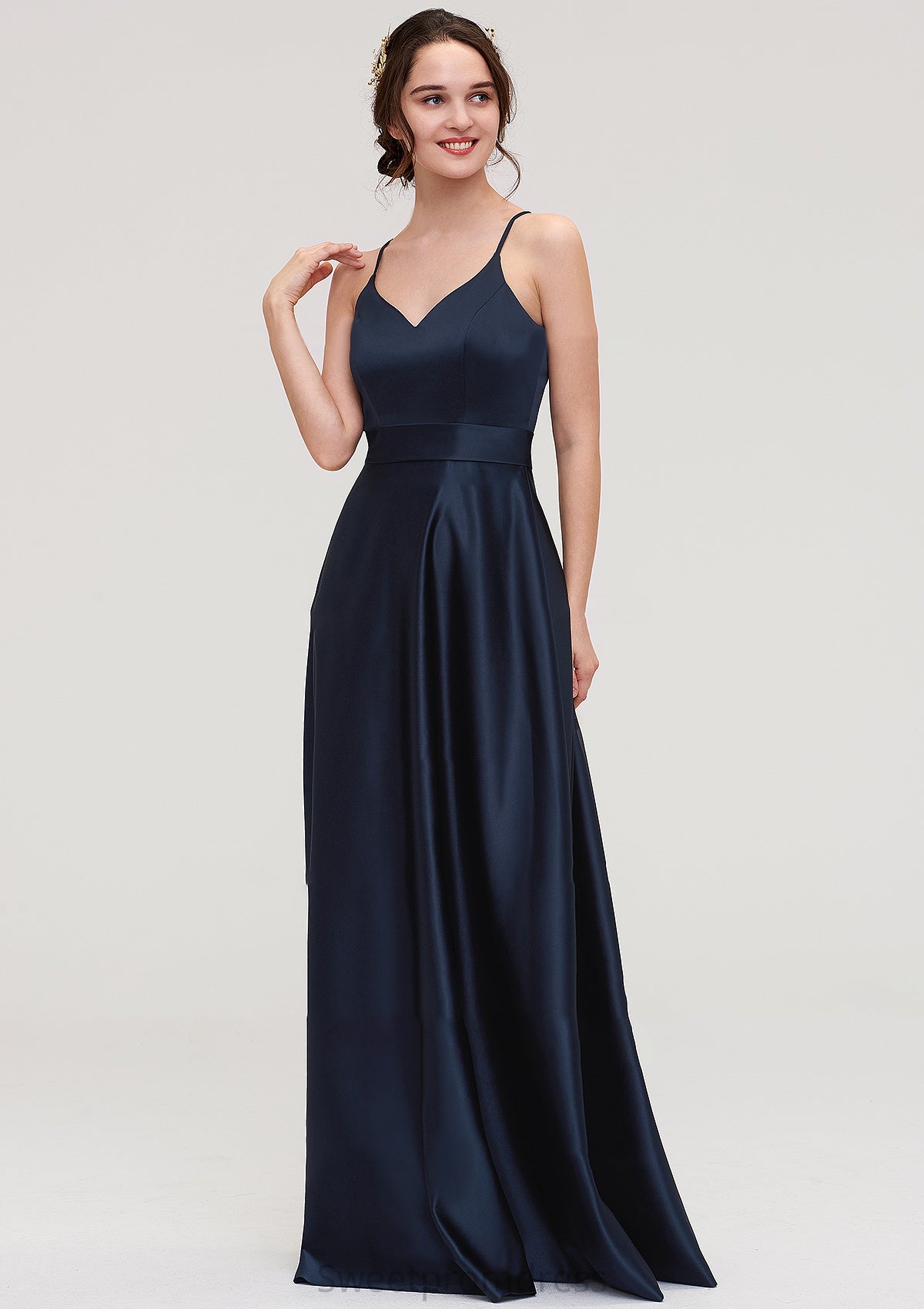 V Neck Sleeveless Long/Floor-Length Satin A-line/Princess Bridesmaid Dresseses Hortensia DHP0025345