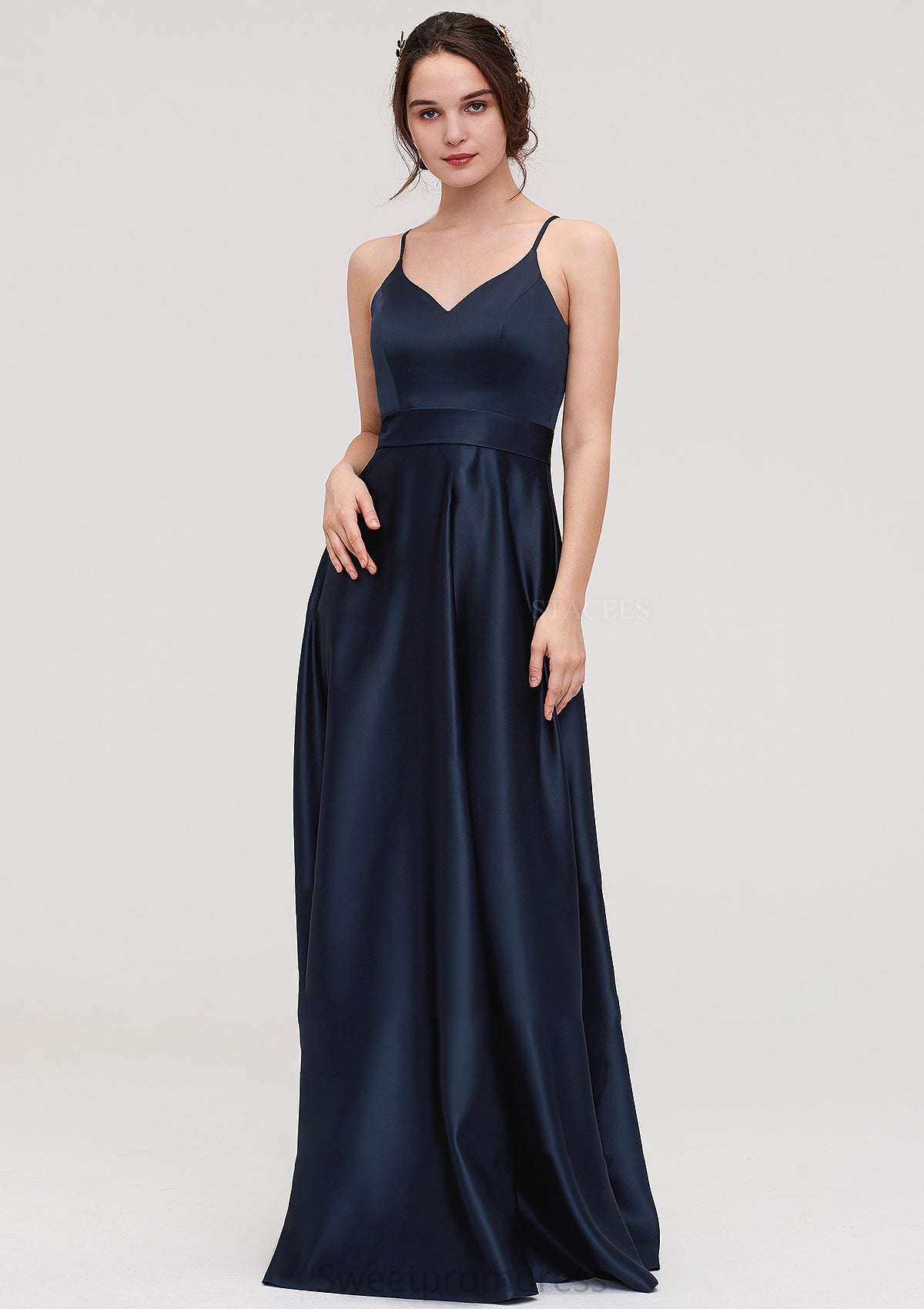 V Neck Sleeveless Long/Floor-Length Satin A-line/Princess Bridesmaid Dresseses Hortensia DHP0025345