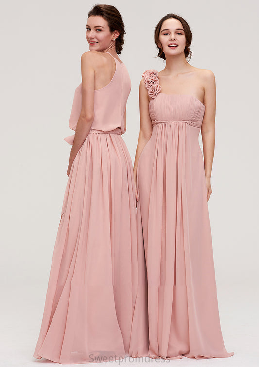 Sleeveless One-Shoulder Long/Floor-Length Chiffon A-line/Princess Bridesmaid Dresses With Pleated Flowers Isabel DHP0025346