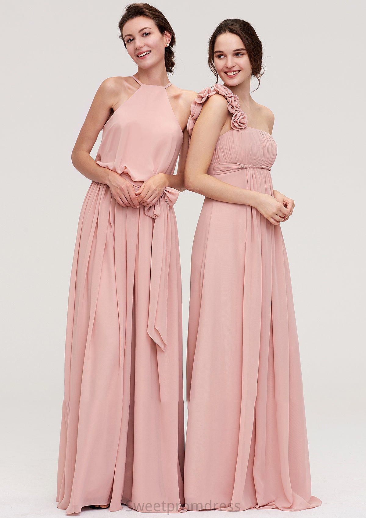 Sleeveless One-Shoulder Long/Floor-Length Chiffon A-line/Princess Bridesmaid Dresses With Pleated Flowers Isabel DHP0025346