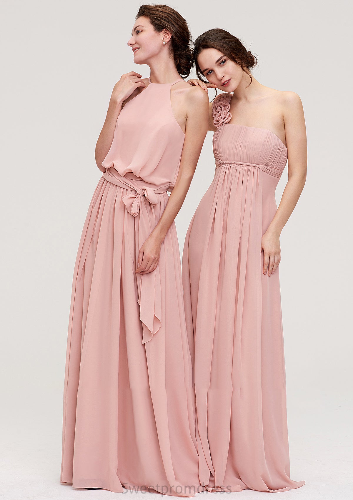 Sleeveless One-Shoulder Long/Floor-Length Chiffon A-line/Princess Bridesmaid Dresses With Pleated Flowers Isabel DHP0025346