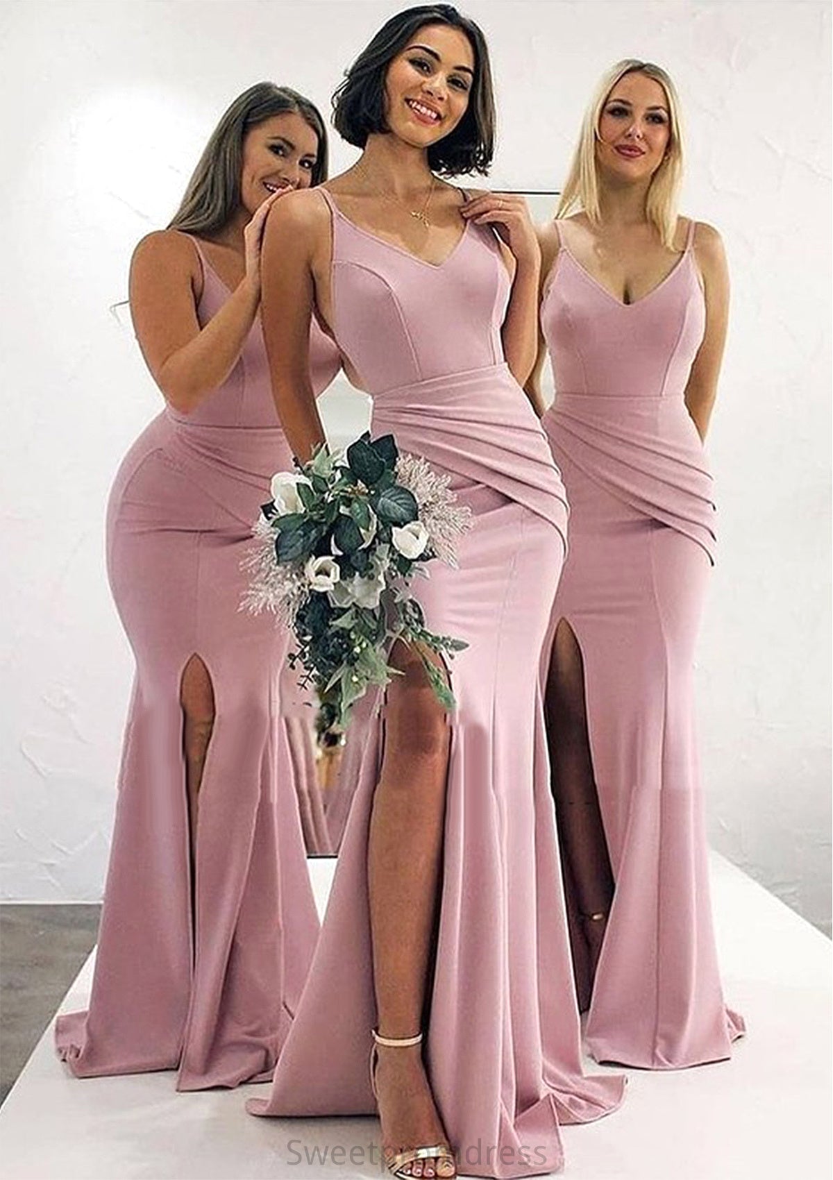 Trumpet/Mermaid V Neck Sleeveless Long/Floor-Length Elastic Satin Bridesmaid Dresses With Pleated Split Aylin DHP0025347