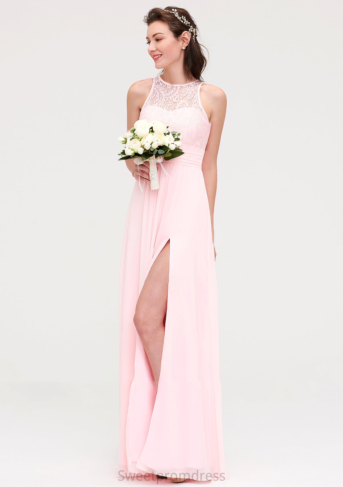 Sleeveless Scoop Neck Chiffon A-line/Princess Long/Floor-Length Bridesmaid Dresseses With Split Lace Karla DHP0025349