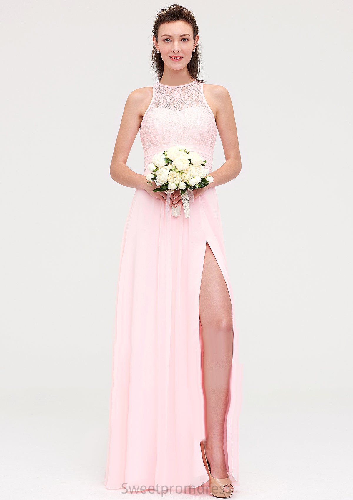 Sleeveless Scoop Neck Chiffon A-line/Princess Long/Floor-Length Bridesmaid Dresseses With Split Lace Karla DHP0025349