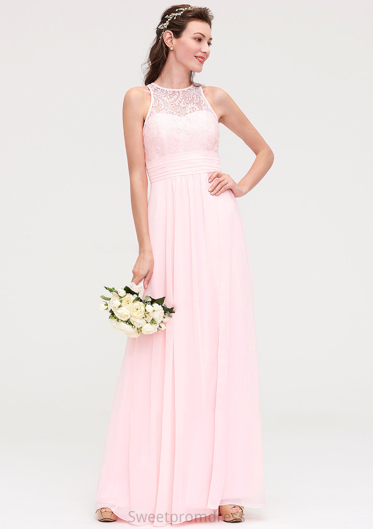 Sleeveless Scoop Neck Chiffon A-line/Princess Long/Floor-Length Bridesmaid Dresseses With Split Lace Karla DHP0025349