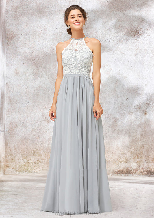 Scoop Neck A-line/Princess Sleeveless Chiffon Long/Floor-Length Bridesmaid Dresses With Lace Kyla DHP0025350