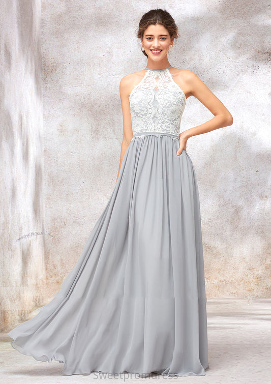 Scoop Neck A-line/Princess Sleeveless Chiffon Long/Floor-Length Bridesmaid Dresses With Lace Kyla DHP0025350