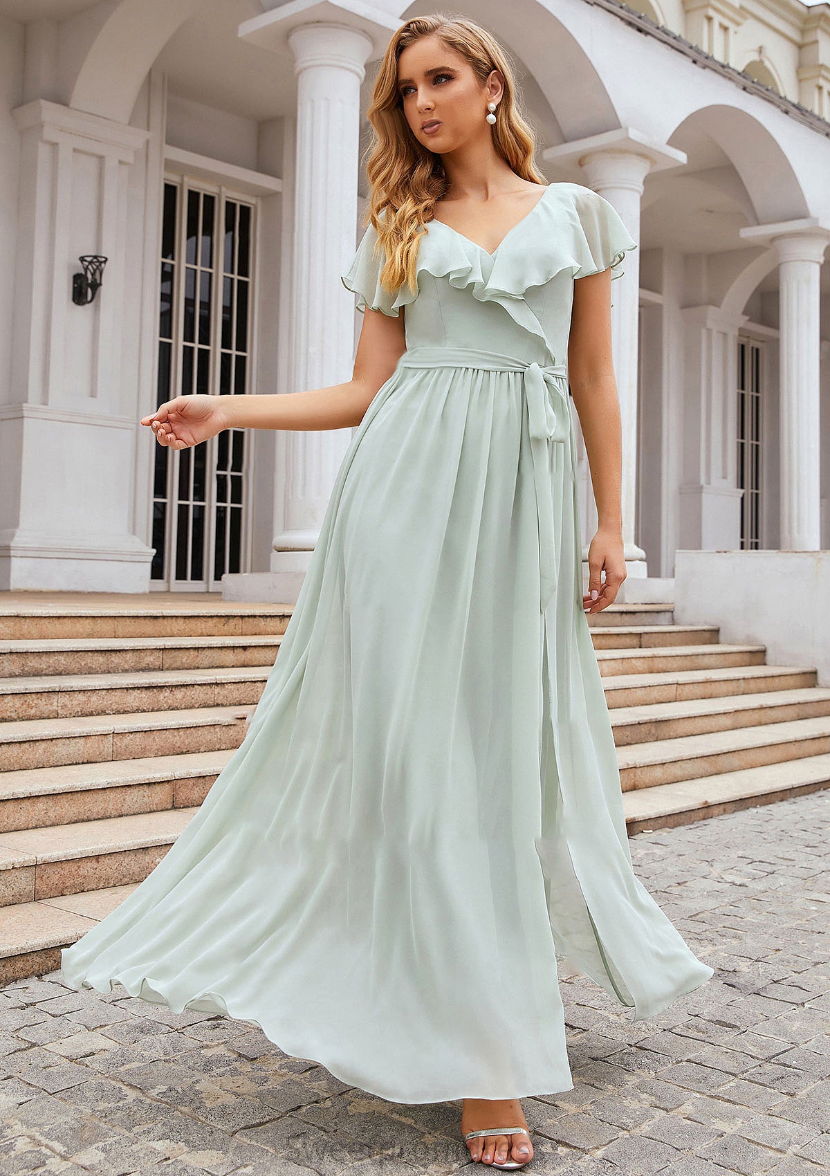 A-line V Neck Short Sleeve Long/Floor-Length Chiffon Bridesmaid Dresses With Sashes Ruffles Dahlia DHP0025352