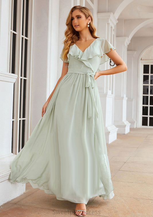 A-line V Neck Short Sleeve Long/Floor-Length Chiffon Bridesmaid Dresses With Sashes Ruffles Dahlia DHP0025352