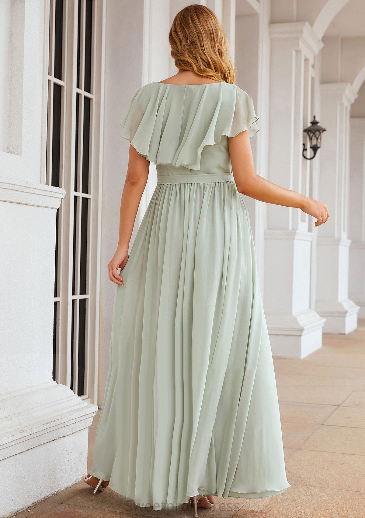 A-line V Neck Short Sleeve Long/Floor-Length Chiffon Bridesmaid Dresses With Sashes Ruffles Dahlia DHP0025352