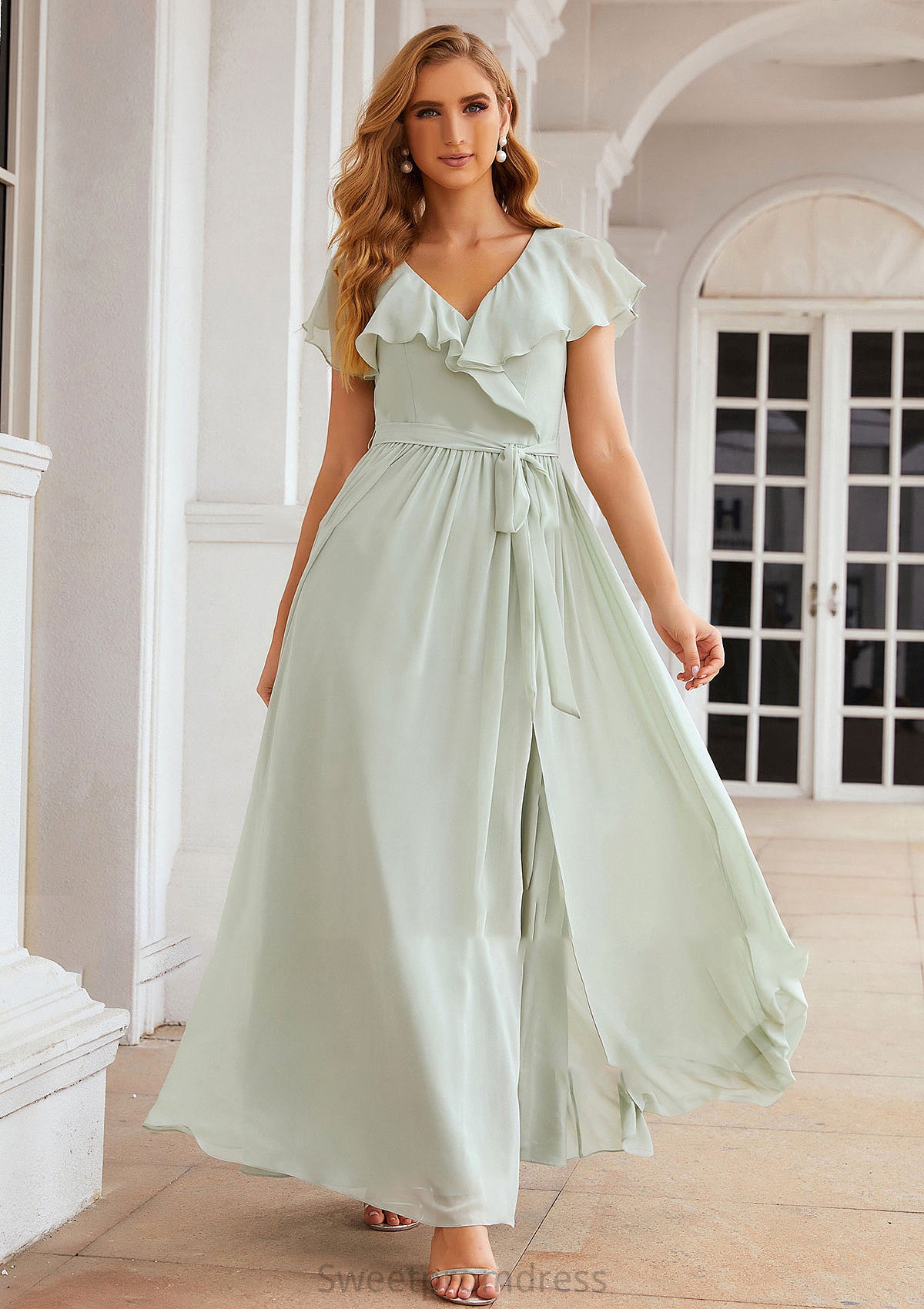 A-line V Neck Short Sleeve Long/Floor-Length Chiffon Bridesmaid Dresses With Sashes Ruffles Dahlia DHP0025352