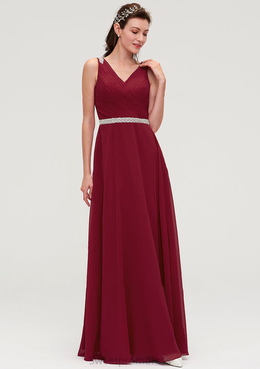 V Neck Sleeveless Chiffon A-line/Princess Long/Floor-Length Bridesmaid Dresseses With Waistband Beading Pleated Jessica DHP0025355