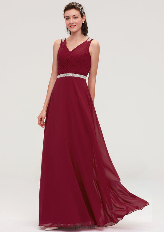 V Neck Sleeveless Chiffon A-line/Princess Long/Floor-Length Bridesmaid Dresseses With Waistband Beading Pleated Jessica DHP0025355