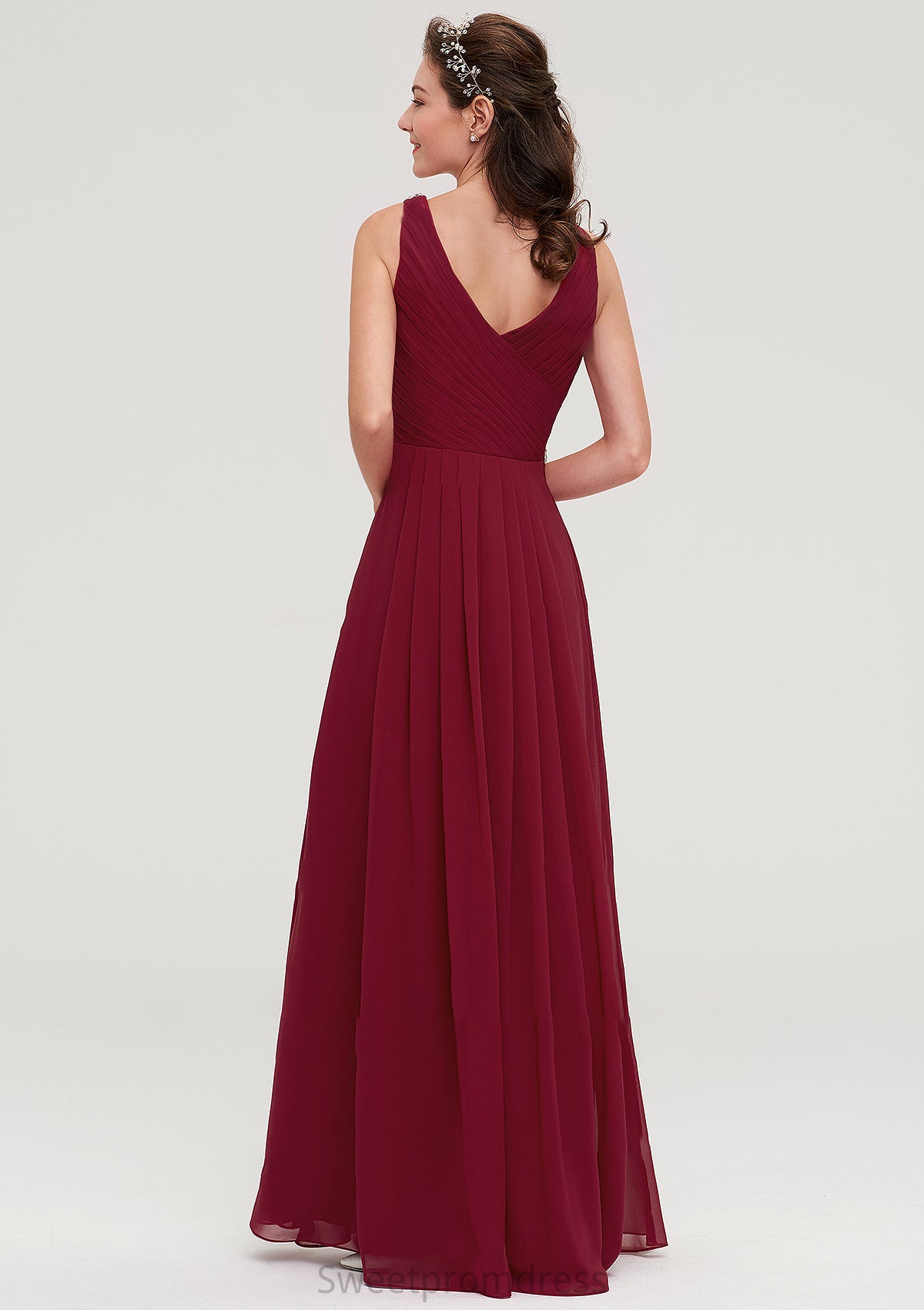 V Neck Sleeveless Chiffon A-line/Princess Long/Floor-Length Bridesmaid Dresseses With Waistband Beading Pleated Jessica DHP0025355