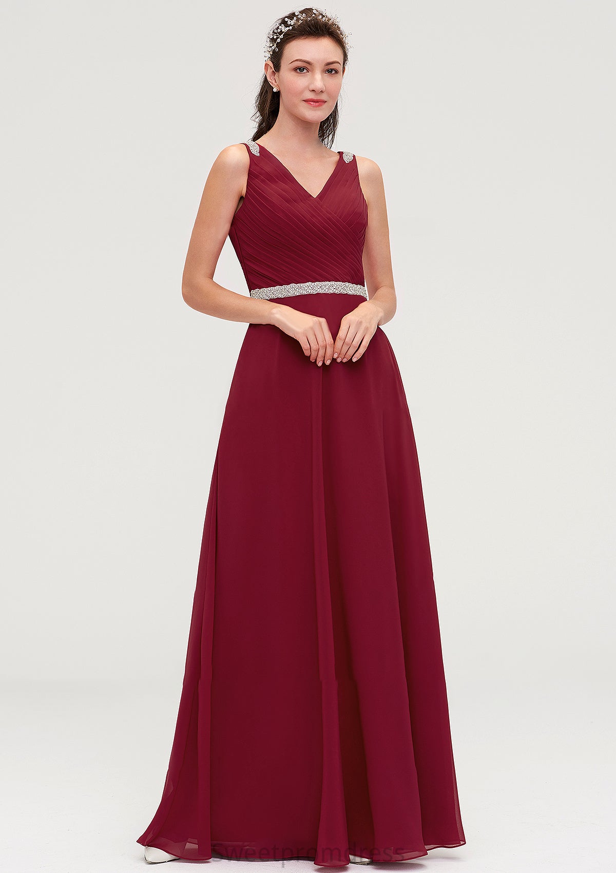 V Neck Sleeveless Chiffon A-line/Princess Long/Floor-Length Bridesmaid Dresseses With Waistband Beading Pleated Jessica DHP0025355