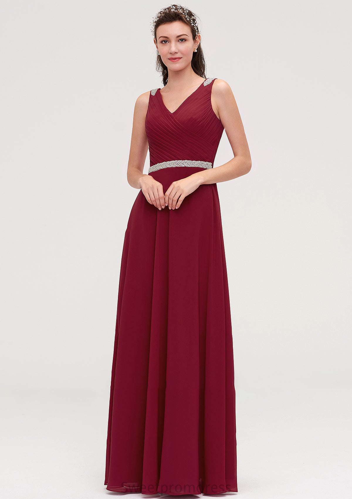 V Neck Sleeveless Chiffon A-line/Princess Long/Floor-Length Bridesmaid Dresseses With Waistband Beading Pleated Jessica DHP0025355