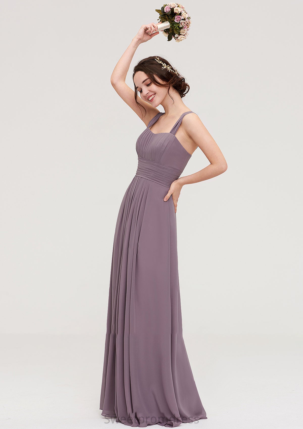 Square Neckline Sleeveless Chiffon Long/Floor-Length A-line/Princess Bridesmaid Dresses With Pleated Camille DHP0025356