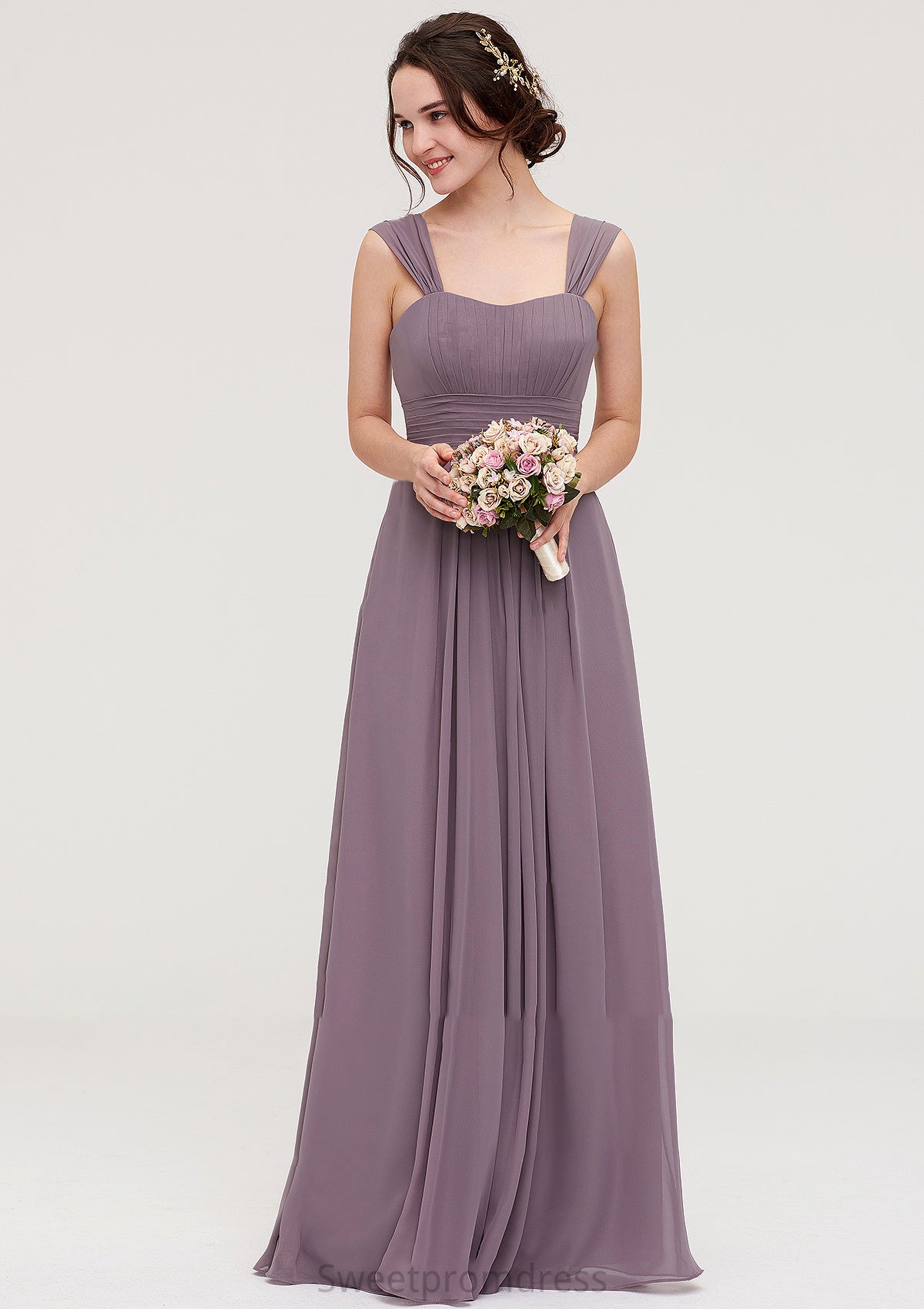 Square Neckline Sleeveless Chiffon Long/Floor-Length A-line/Princess Bridesmaid Dresses With Pleated Camille DHP0025356