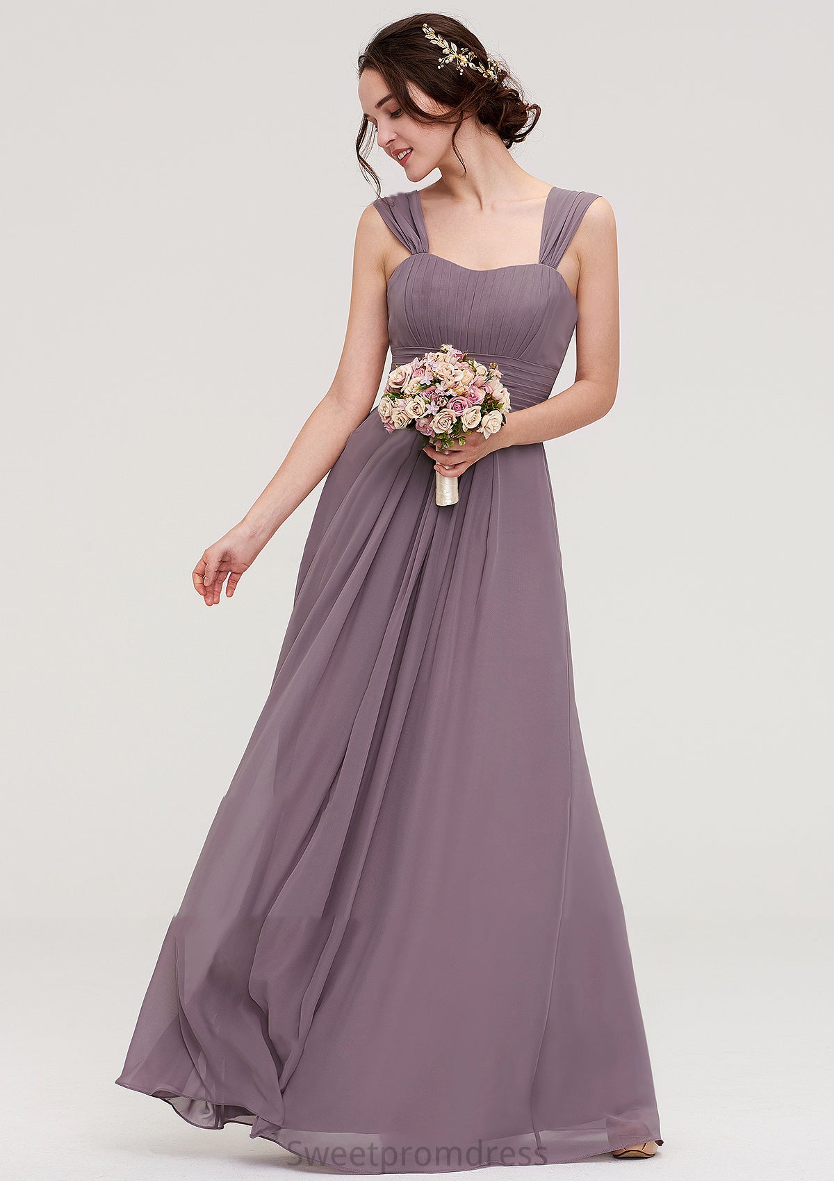 Square Neckline Sleeveless Chiffon Long/Floor-Length A-line/Princess Bridesmaid Dresses With Pleated Camille DHP0025356