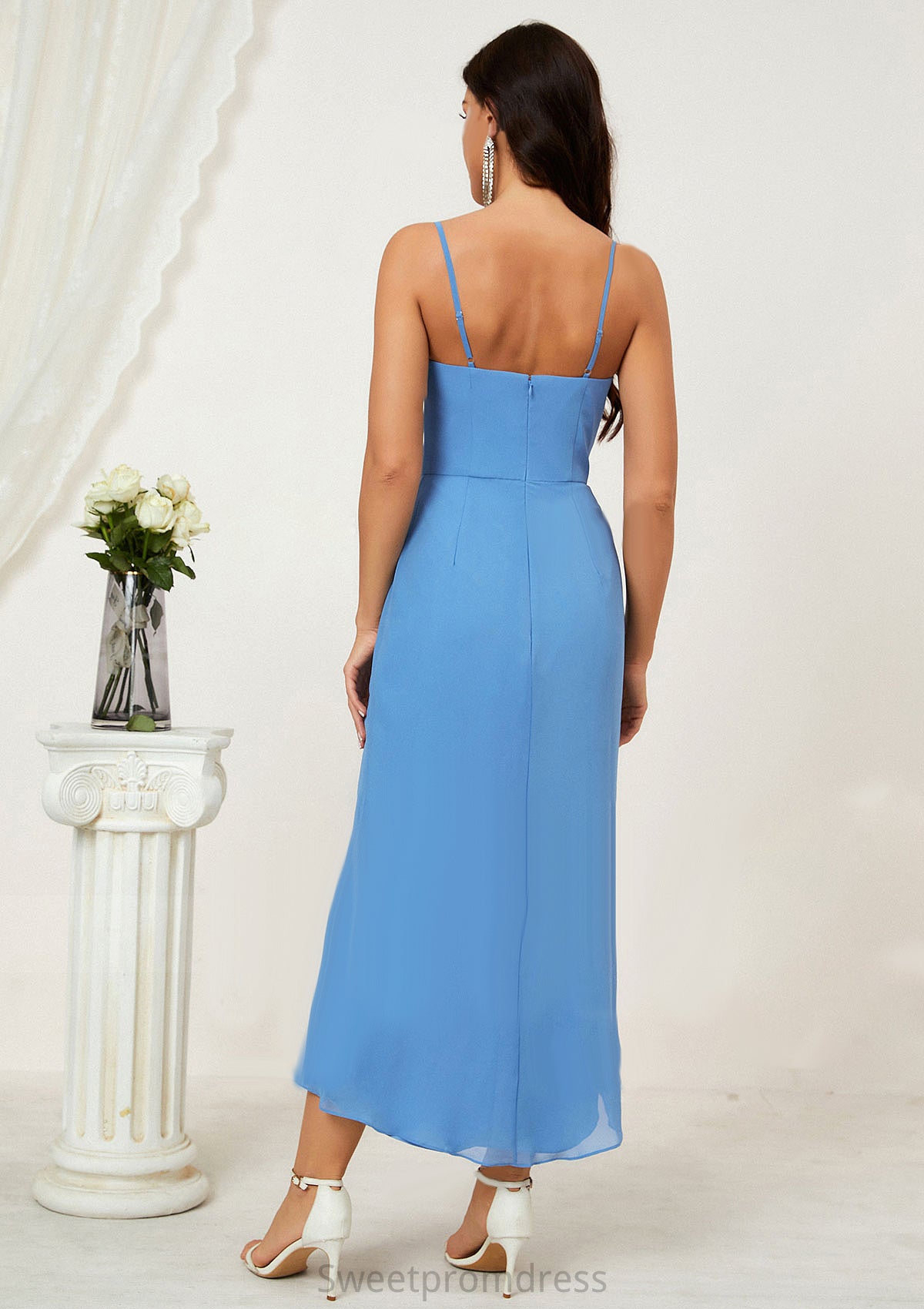 Sheath/Column Sweetheart Sleeveless Chiffon Asymmetrical Bridesmaid Dresses With Pleated Split Magdalena DHP0025359