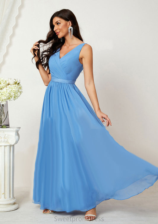 A-line V Neck Sleeveless Chiffon Long/Floor-Length Bridesmaid Dresses With Pleated Arabella DHP0025360